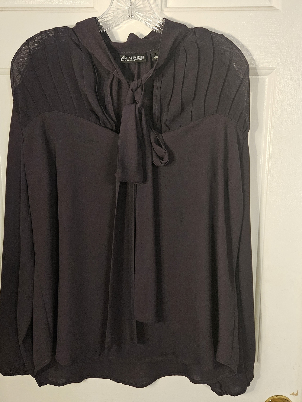 New York & Company Plum Pleated Yoke Tie-Neck Blouse